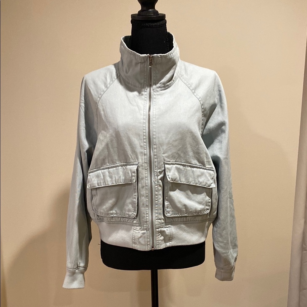 Wild Fable Cropped Bomber Jacket | Streetwear Utility | Green-Blue | Size L